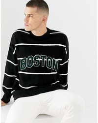 Мужской черно-белый свитер с круглым вырезом в горизонтальную полоску от New Look