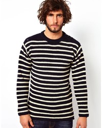 Мужской черно-белый свитер с круглым вырезом в горизонтальную полоску