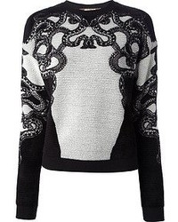 Черно-белый свитер с круглым вырезом с вышивкой