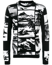 Мужской черно-белый свитер с круглым вырезом с принтом от Kenzo