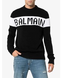 Мужской черно-белый свитер с круглым вырезом с принтом от Balmain