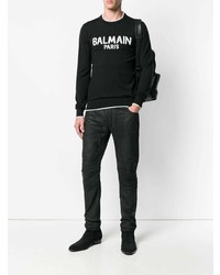 Мужской черно-белый свитер с круглым вырезом с принтом от Balmain