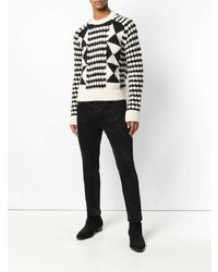 Мужской черно-белый свитер с круглым вырезом с ромбами от Saint Laurent