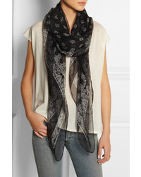 Женский черно-белый шелковый шарф с принтом от Saint Laurent