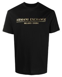 Мужская черно-золотая футболка с круглым вырезом с принтом от Armani Exchange