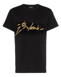 Мужская черно-золотая футболка с круглым вырезом с принтом от Balmain