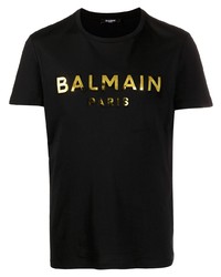 Мужская черно-золотая футболка с круглым вырезом с принтом от Balmain