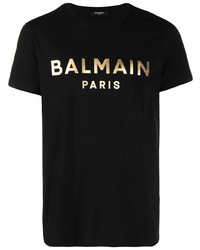 Мужская черно-золотая футболка с круглым вырезом с принтом от Balmain