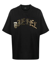 Мужская черно-золотая футболка с круглым вырезом с принтом от Diesel