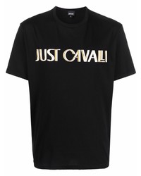 Мужская черно-золотая футболка с круглым вырезом с принтом от Just Cavalli