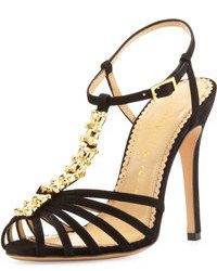 Черно-золотые замшевые босоножки на каблуке с украшением