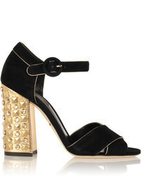 Черно-золотые замшевые босоножки на каблуке с украшением от Dolce & Gabbana