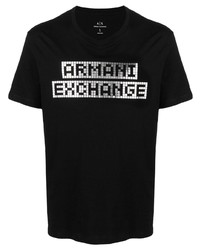 Мужская черно-серебряная футболка с круглым вырезом с принтом от Armani Exchange