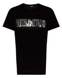 Мужская черно-серебряная футболка с круглым вырезом с принтом от Balmain