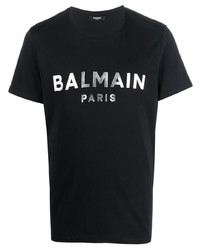 Мужская черно-серебряная футболка с круглым вырезом с принтом от Balmain