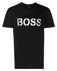 Мужская черно-серебряная футболка с круглым вырезом с принтом от BOSS