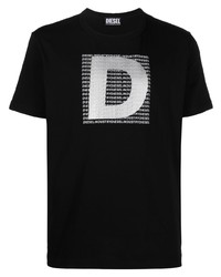 Мужская черно-серебряная футболка с круглым вырезом с принтом от Diesel