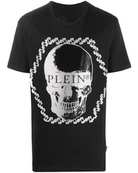 Мужская черно-серебряная футболка с круглым вырезом с принтом от Philipp Plein