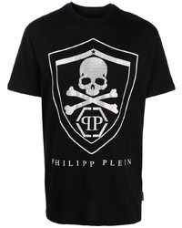 Мужская черно-серебряная футболка с круглым вырезом с принтом от Philipp Plein