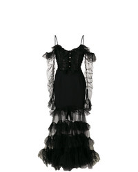 Черное вечернее платье в сеточку с рюшами от Alessandra Rich