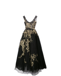 Черное вечернее платье из фатина с цветочным принтом от Marchesa