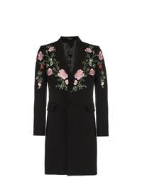 Черное длинное пальто с цветочным принтом