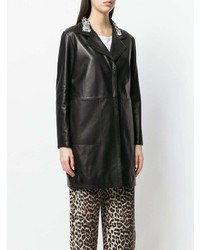 Женское черное кожаное пальто с украшением от Simonetta Ravizza