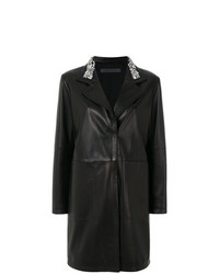 Женское черное кожаное пальто с украшением от Simonetta Ravizza
