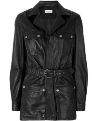 Женское черное кожаное пальто от Saint Laurent