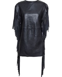 Черное кожаное платье прямого кроя c бахромой от Saint Laurent