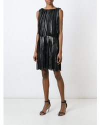 Черное кожаное платье прямого кроя c бахромой от Sonia Rykiel