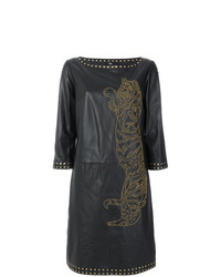 Черное кожаное платье прямого кроя от Cavalli Class