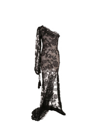 Черное кружевное вечернее платье с разрезом от Oscar de la Renta