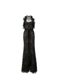 Черное кружевное вечернее платье с рюшами от Marchesa Notte