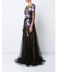 Черное кружевное вечернее платье с цветочным принтом от Marchesa Notte