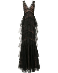 Черное кружевное вечернее платье с цветочным принтом от Marchesa