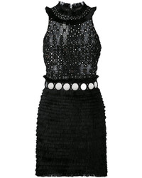 Черное кружевное платье прямого кроя с украшением от Amen
