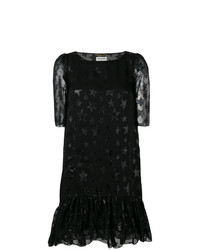 Черное кружевное платье прямого кроя со звездами от Saint Laurent