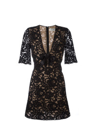 Черное кружевное платье с пышной юбкой с цветочным принтом от Saint Laurent