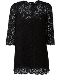 Черное кружевное платье с цветочным принтом от Dolce & Gabbana