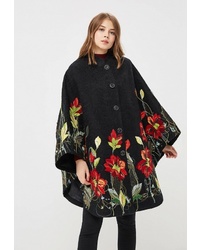Черное пальто-накидка с цветочным принтом от Yukostyle