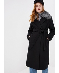 Черное пальто с меховым воротником от Smith's brand