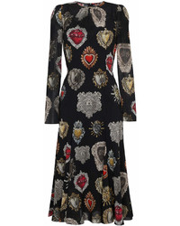 Черное платье-миди с принтом от Dolce & Gabbana