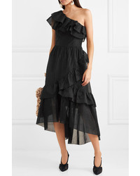 Черное платье-миди с рюшами от Ulla Johnson