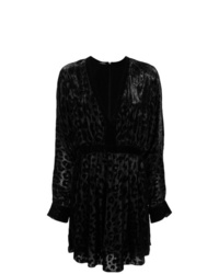 Черное платье прямого кроя с леопардовым принтом от Balmain