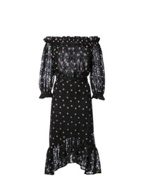 Черное платье с открытыми плечами из фатина с цветочным принтом от Saloni