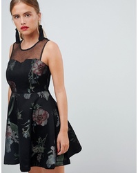 Черное платье с пышной юбкой с цветочным принтом от New Look
