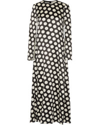 Черное сатиновое платье-макси в горошек