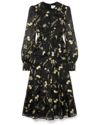 Черное шелковое платье-миди с цветочным принтом от Erdem