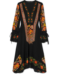 Черное шелковое платье-миди с цветочным принтом от Etro